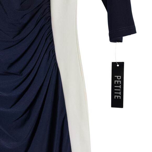 Glamour Navy White Ruched 3/4 Sleeve Colorblock Sheath Dress Size 4 Petite - Picture 4 of 10
